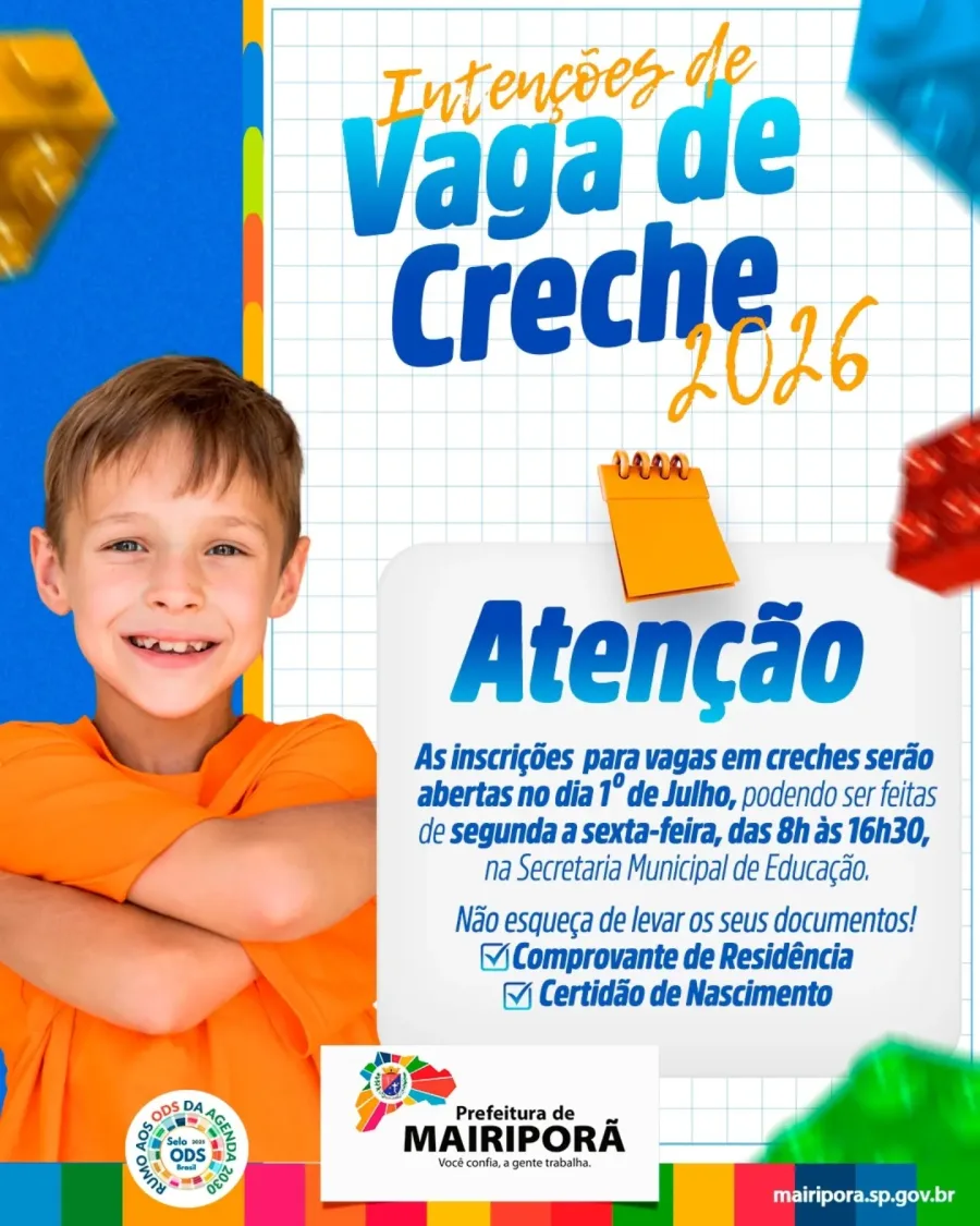 Inscrições para intenção de vaga em creche em Mairiporã vão de 1º de julho a 30 de setembro de 2026, na Secretaria Municipal de Educação.