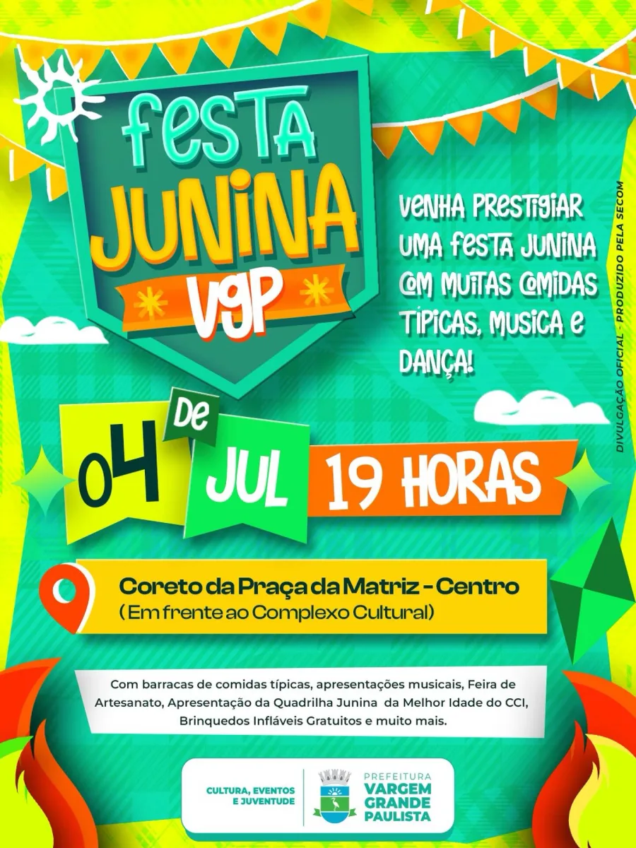 Evento no Centro de Vargem Grande Paulista terá feira de artesanato, apresentação da Melhor Idade do CCI e brinquedos infláveis gratuitos para crianças.