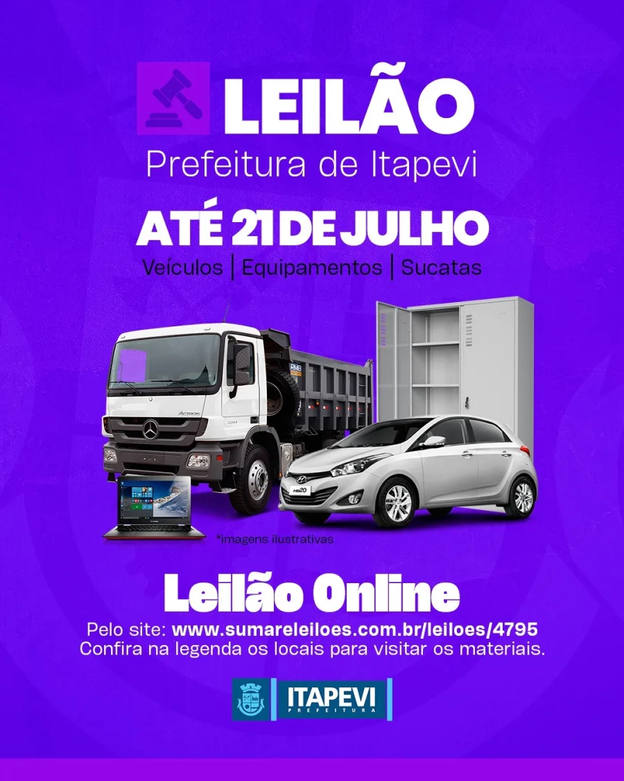 Leilão online da Prefeitura de Itapevi aceita lances até 21 de julho e permite agendar visita presencial aos lotes até 20 de julho, conforme edital oficial.
