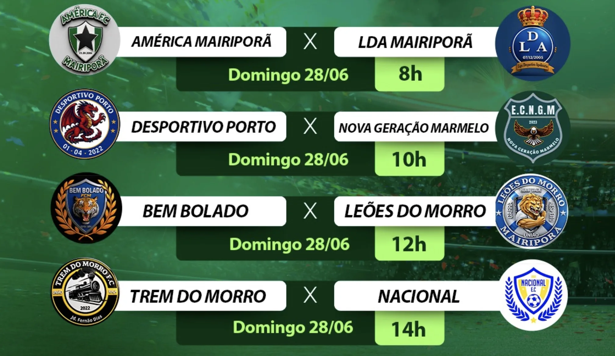 Campeonato Mairiporanense de Futebol Amador terá quatro partidas neste domingo, 28 de junho, no Sarkizão, com jogos das 8h às 14h