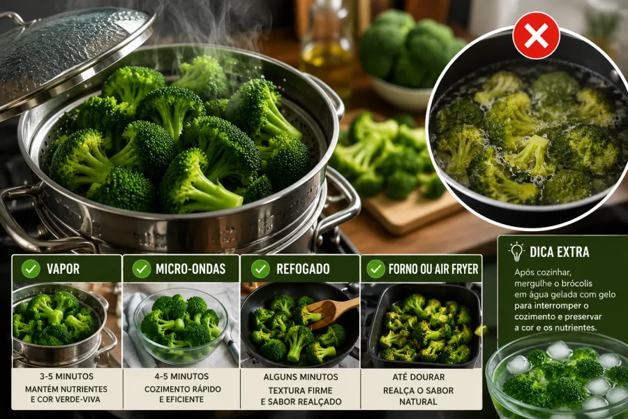 Especialistas apontam que o método de preparo influencia sabor, textura e valor nutricional do brócolis. O tempo de cozimento é um dos fatores mais importantes.