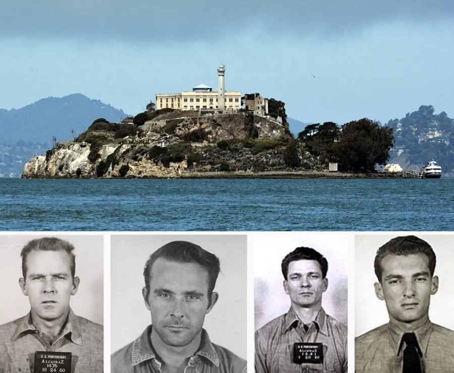 Acima, a Ilha de Alcatraz em 2013. Abaixo, da esquerda para a direita: Os irmãos John e Clarence Anglin, Frank Morris e Allen West.