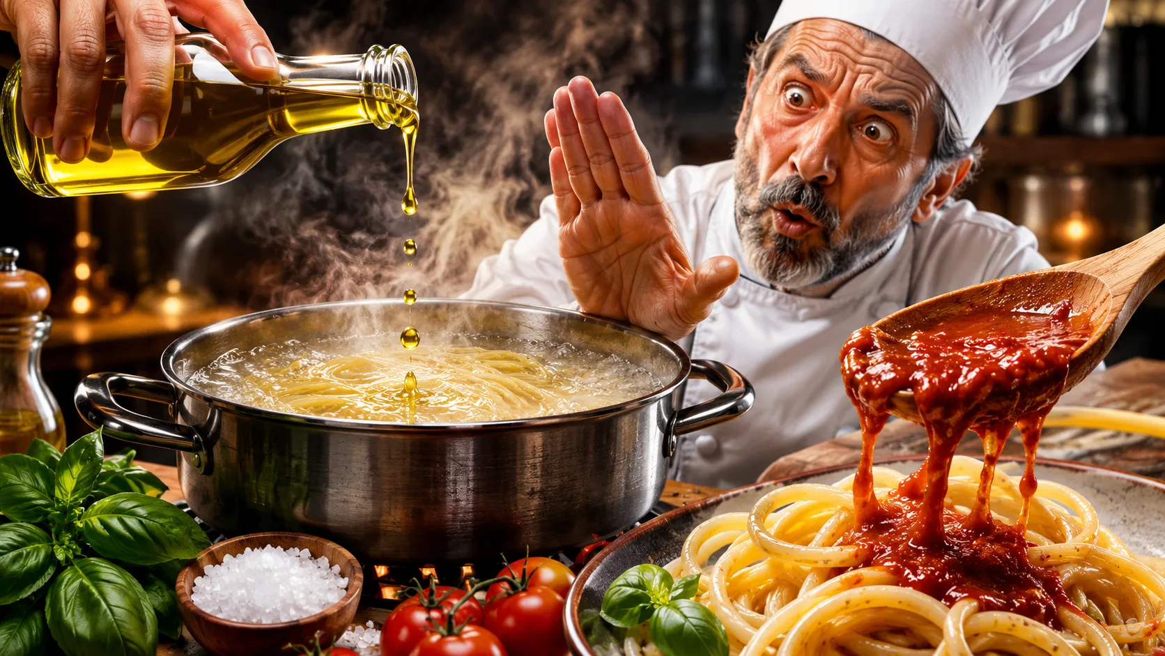 Azeite na água do macarrão funciona mesmo? Chefs e cozinheiros defendem que o sabor do macarrão começa na água do cozimento; O uso correto de sal, azeite e manjericão influencia textura, aroma e aderência do molho.