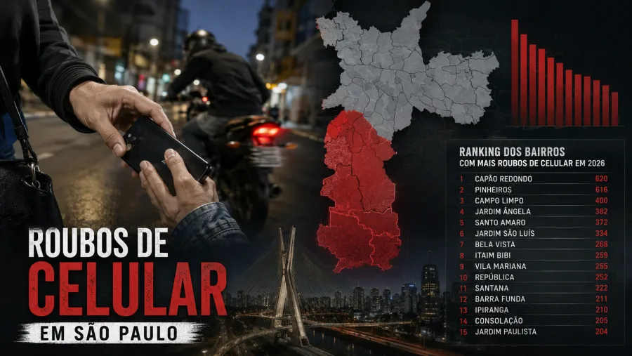 Levantamento da Secretaria da Segurança Pública mostra que oito dos quinze distritos com mais roubos de celular estão localizados na Zona Sul da capital paulista.