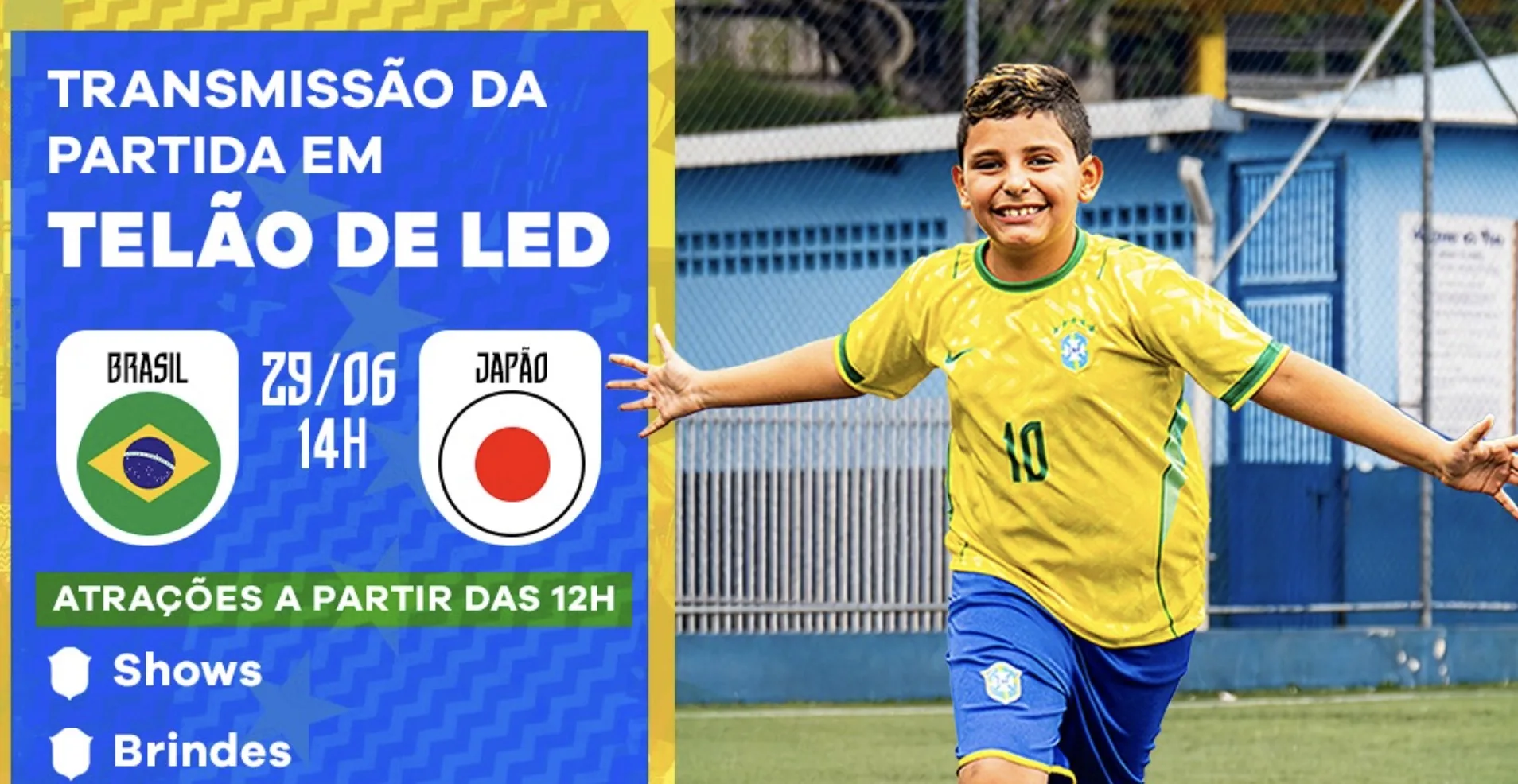 Brasil x Japão no telão às 14h em Caieiras: vale chegar às 12h para ver Ygor Levadão, brindes e feira na Avenida dos Estudantes