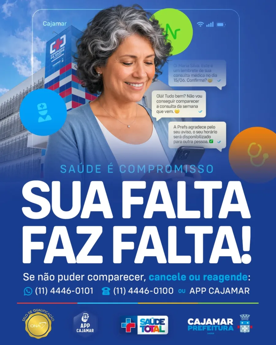 Cajamar orienta pacientes a cancelar ou reagendar consultas pelo WhatsApp (11) 4446-0101, telefone (11) 4446-0100 ou APP Cajamar