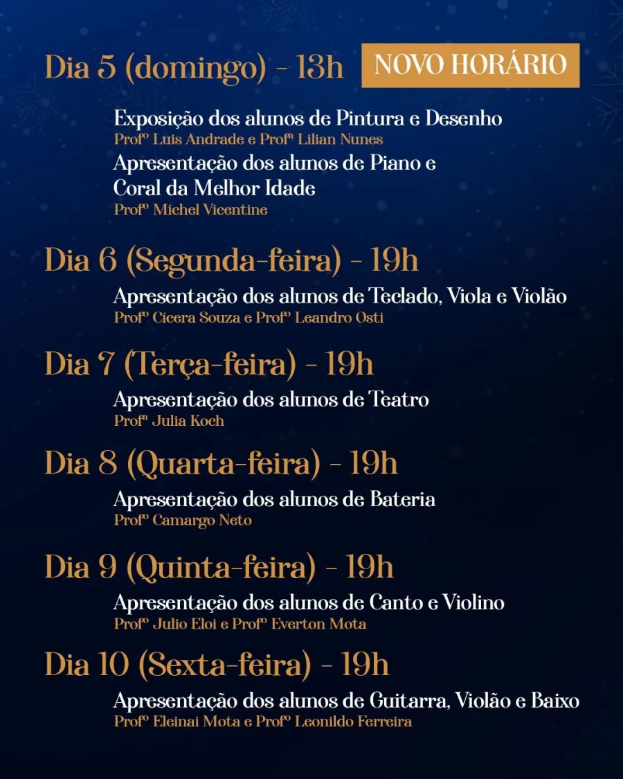 Casa da Cultura Cora Coralina terá alunos em apresentações gratuitas de piano, coral, teatro, bateria, canto, violino, guitarra, jazz e ballet-clássico.