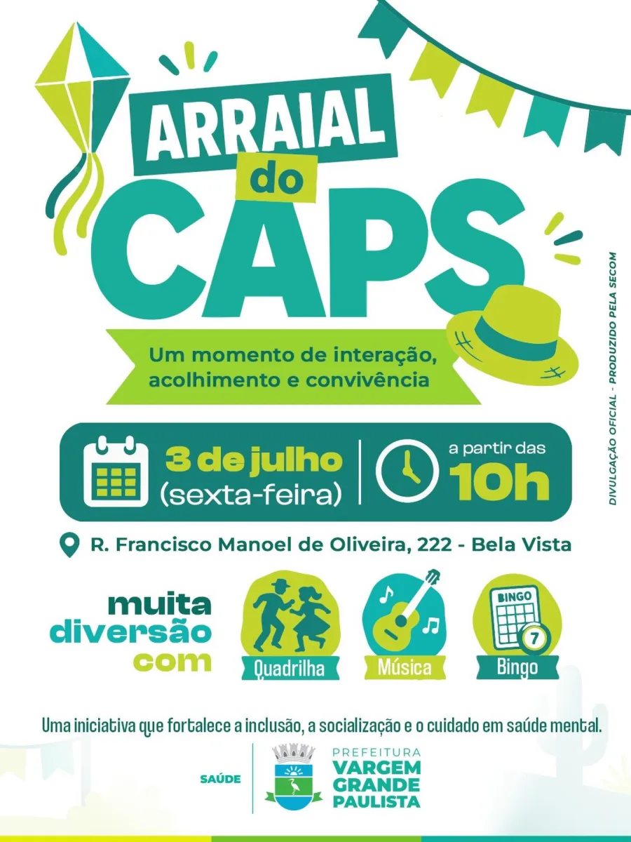 Arraiá do CAPS em Vargem Grande Paulista será realizado em 3 de julho, às 10h, com música, quadrilha, bingo e atividades de convivência no Jardim Bela Vista