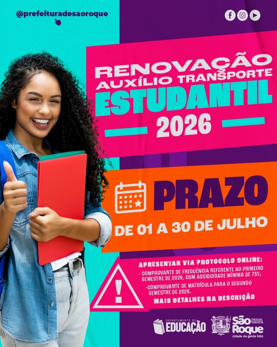 Renovação do Auxílio Transporte Estudantil de São Roque vai de 1º a 30 de julho de 2026, pelo protocolo on-line, com frequência mínima de 75%.