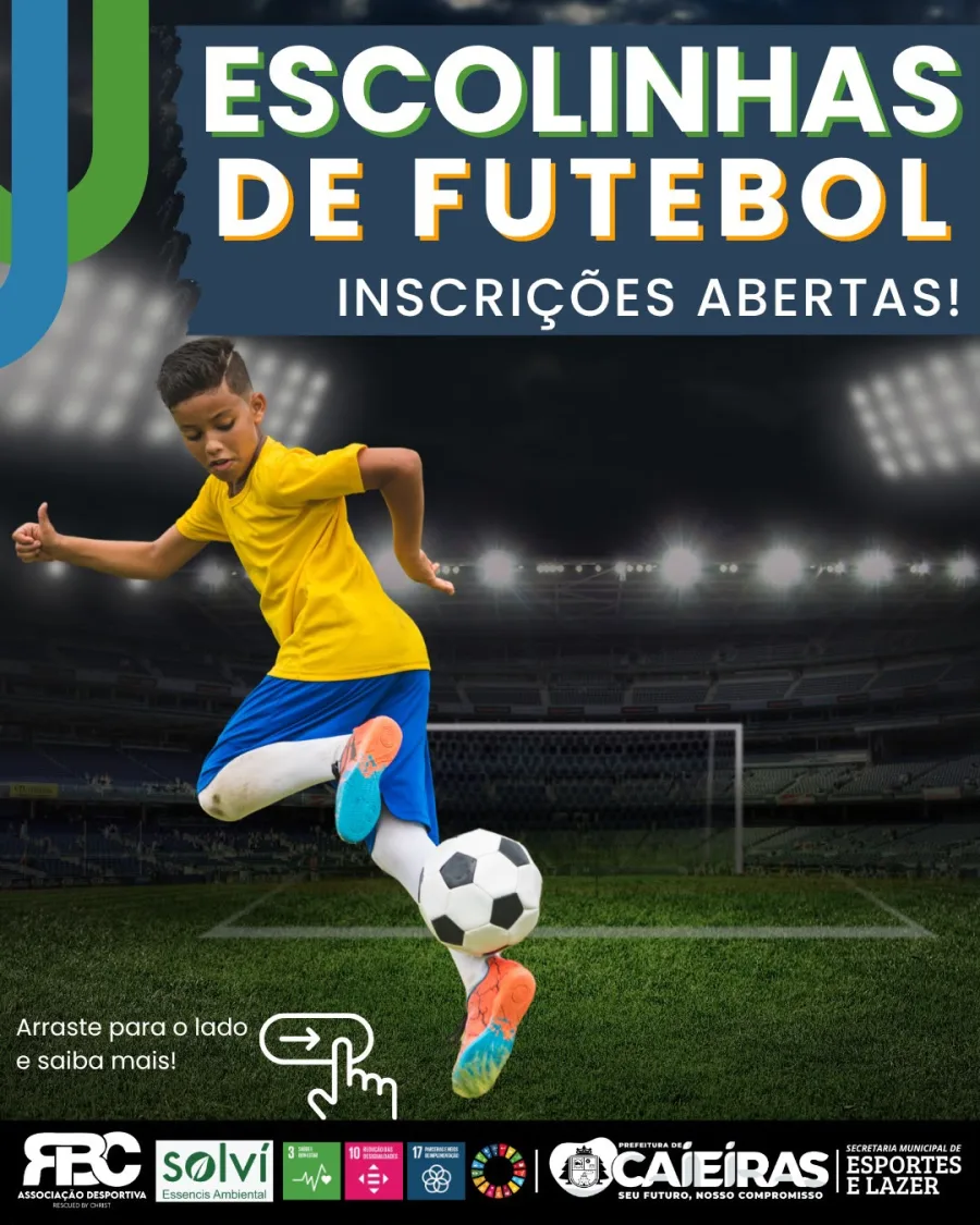 Escolinhas de futebol de Caieiras recebem meninos nascidos entre 2009 e 2017, com treinos às terças, quintas e sextas, sempre às 15h.