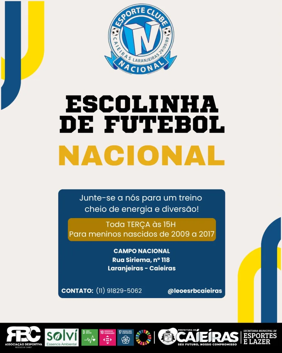 Escolinha Nacional recebe meninos nascidos de 2009 a 2017 toda terça às 15h, no Campo Nacional, em Laranjeiras, com treino, disciplina e futebol perto de casa.