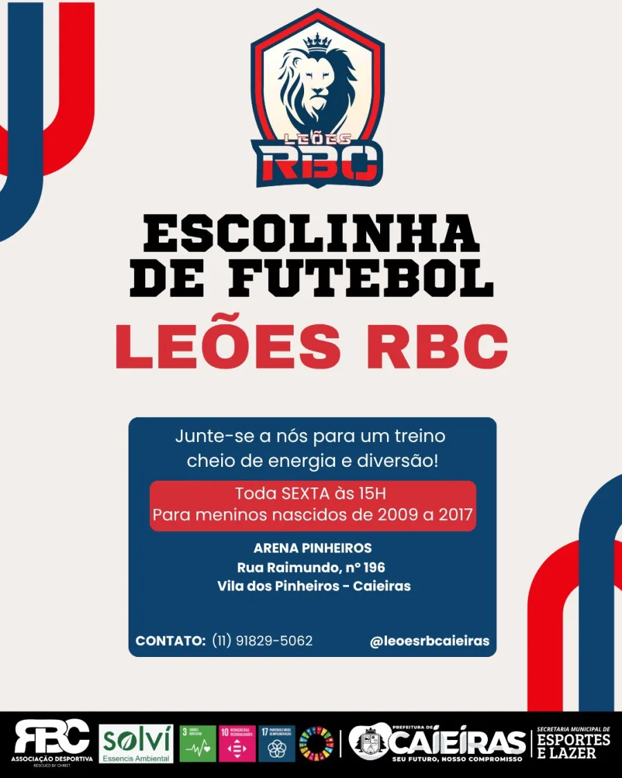 Leões RBC abre treino toda sexta, às 15h, na Arena Pinheiros, para meninos nascidos de 2009 a 2017, com futebol, orientação e incentivo ao esporte.