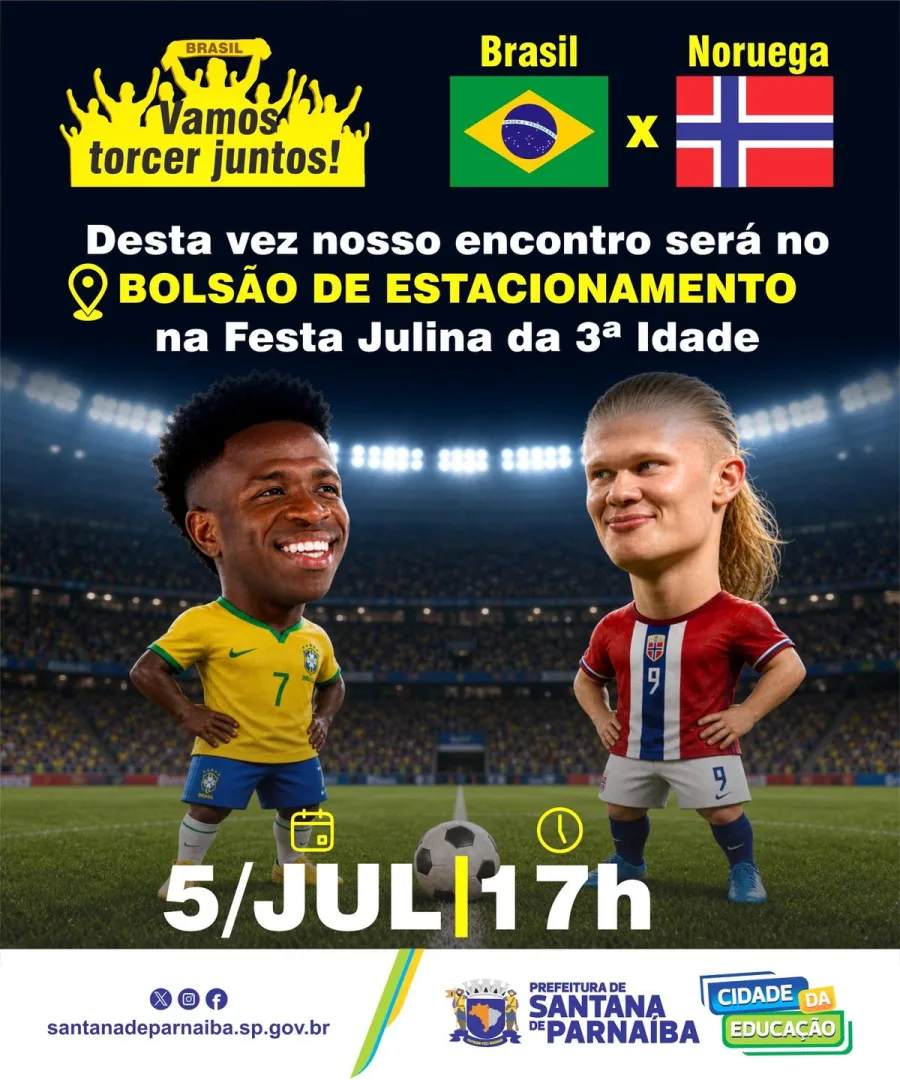 Santana de Parnaíba transmite Brasil x Noruega neste domingo, 5 de julho, às 17h, no Bolsão de Estacionamento, durante a Festa Julina da 3ª Idade.