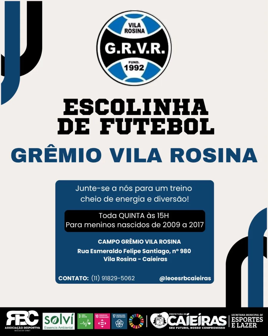 Grêmio Vila Rosina recebe treinos toda quinta às 15h para meninos nascidos de 2009 a 2017, na Rua Esmeraldo Felipe Santiago, com esporte e convivência.