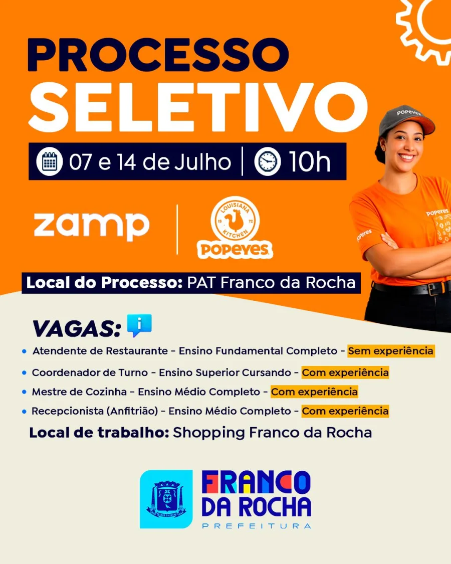 Popeyes abre vagas em Franco da Rocha com processo seletivo nos dias 7 e 14 de julho, às 10h, no PAT, para trabalho no Shopping Franco da Rocha