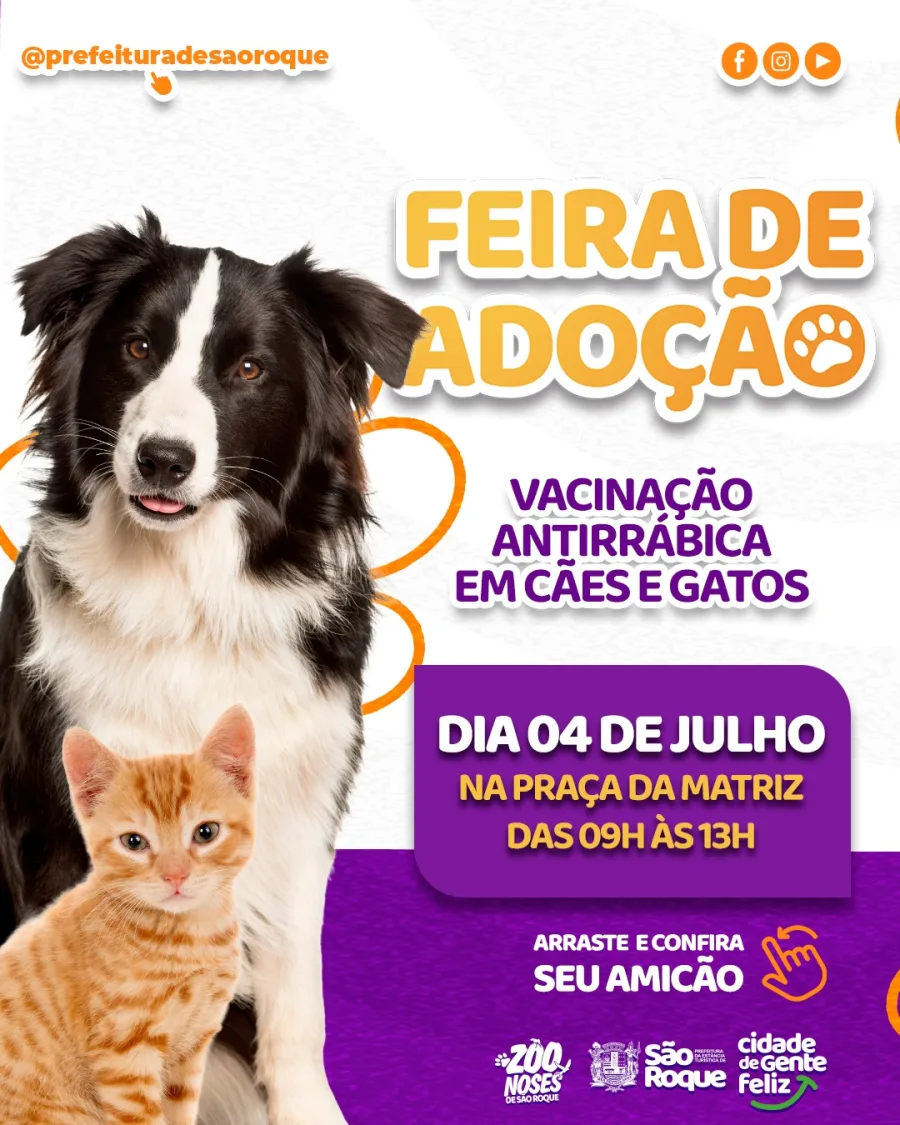 Prefeitura de São Roque promove ação gratuita com adoção de animais e vacina contra raiva para cães e gatos neste sábado na região central