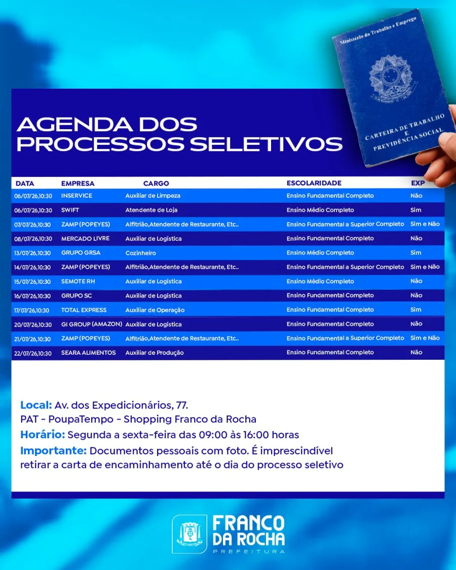 PAT de Franco da Rocha agenda seleções com Mercado Livre, Amazon e Seara