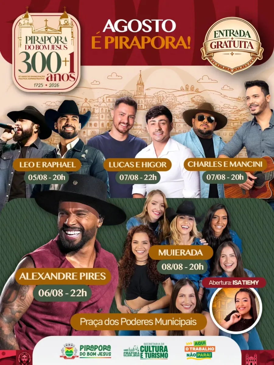 Tradicional Festa de Agosto está chegando com uma programação de shows caprichada e totalmente GRATUITA para celebrar os 301 anos do encontro da imagem do Senhor Bom Jesus e os 67 anos de emancipação político-administrativa de Pirapora.