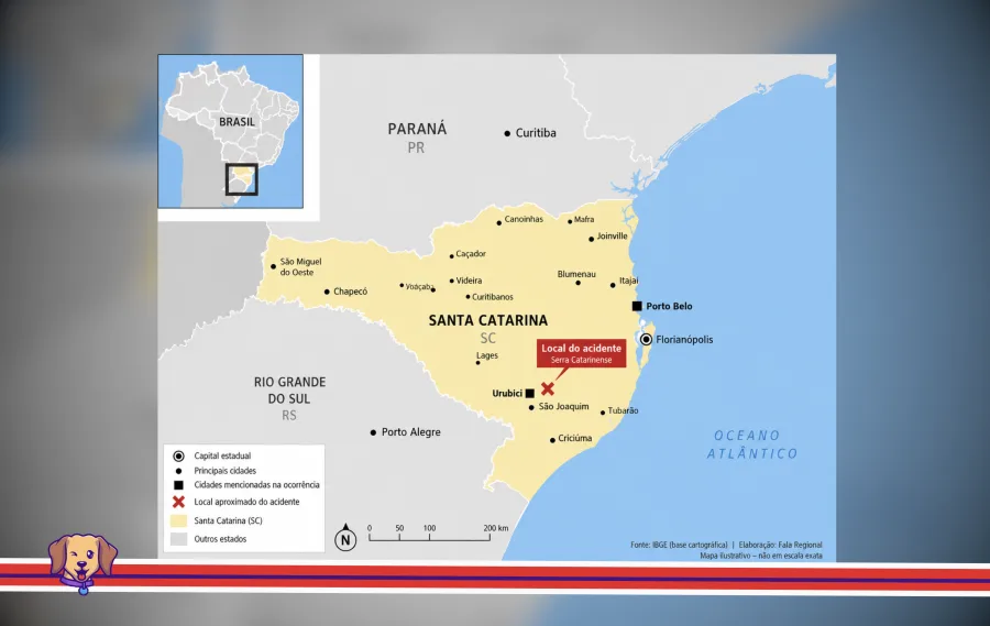 Mapa destaca o trajeto entre Porto Belo e São Joaquim, em Santa Catarina, e a região da Serra Catarinense onde foram concentradas as buscas e localizados os destroços do Bell 430. (Foto: Divulgação equipe de buscas)