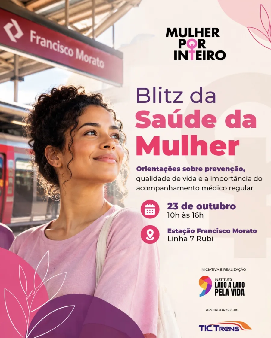 Outubro Rosa: estação Francisco Morato, da Linha 7-Rubi, recebe ação de saúde da mulher nesta sexta-feira (23), das 10h às 16h, com orientações sobre prevenção do câncer e cuidados femininos.